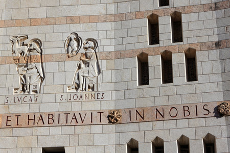 Facade detail of Basilica of the Annunciation, Nazareth, Israelの写真素材