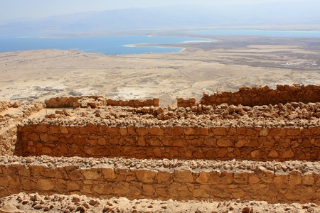 Ruins of ancient Masada fortress and the Dead Sea on the background, Israelのeditorial素材