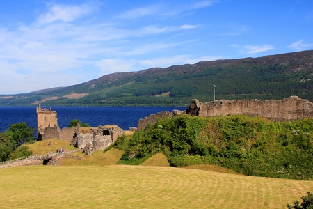 View of Urquhart Castle and Loch Ness in the Highlands of Scotlandの写真素材