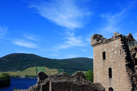 View of Urquhart Castle and Loch Ness in the Highlands of Scotlandの写真素材