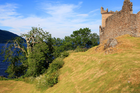 View of Urquhart Castle and Loch Ness in the Highlands of Scotlandの写真素材