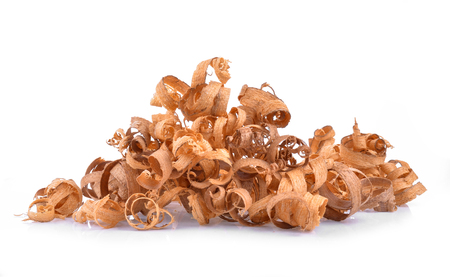 Wood shavings isolated on white backgroundの写真素材