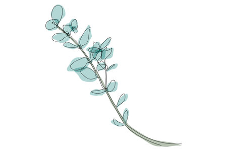Eucalyptus silver dollar branch continuous line drawing. One line minimalism art with green, blue spotsのイラスト素材