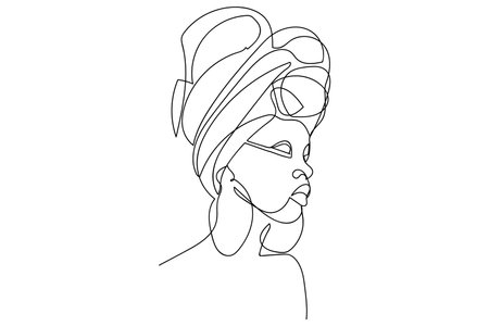 Face of an Afro American woman with a turban in a modern abstract minimalist one line style. Continuous black line simple drawing.のイラスト素材