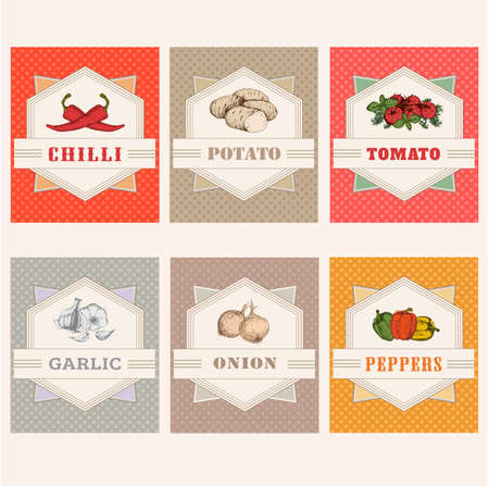 vegetables set labels, garlic, tomato, potato, onion, chilly, pepperのイラスト素材