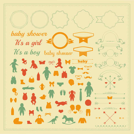  baby shower invitation card, isolated baby icons, decorative frame and ribbonsのイラスト素材