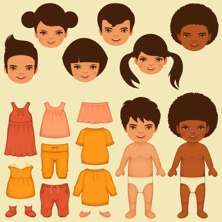 vector kids face, paper doll, isolated clothing fashion iconsのイラスト素材