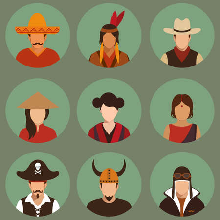 vector different characters pirate, pilot, cowboy, viking, mexiacn, indian, american and asian people faces,のイラスト素材