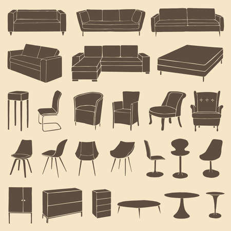vector home furniture icons, room interiorのイラスト素材