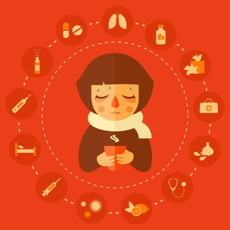 virus, allergy and cold medical icons, cold kid vector illustrationのイラスト素材