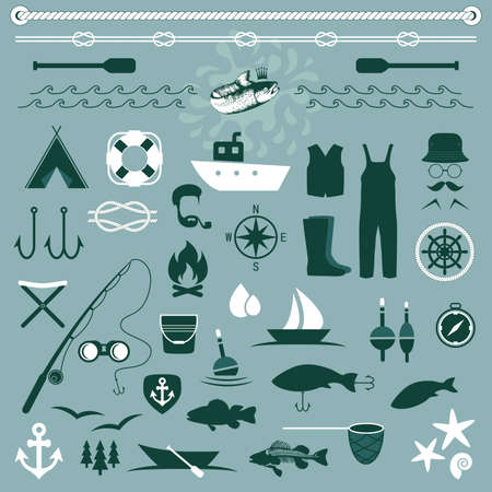 vector fish set icons, fishing boat,のイラスト素材