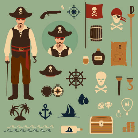 vector pirate set icons, treasure, map,skull illustrationのイラスト素材