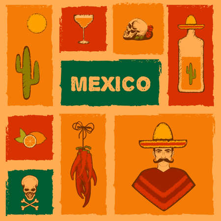 mexico background, vector mexican icons, cactus, tequila illustrationのイラスト素材