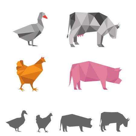 vector farm animals, origami geometric illustration, cow, pig, goose, chickenのイラスト素材