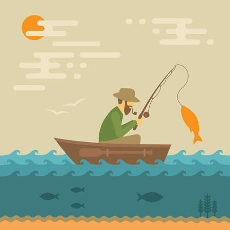 fishing vector illustration, fisherman with rod and fishのイラスト素材