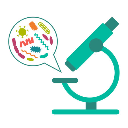Bacteria and microorganisms with microscope medical vector illustration