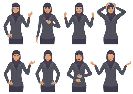vector illustration of a Arab woman character expressions with hands gesture, cartoon Muslim businesswoman with different emotion.のイラスト素材