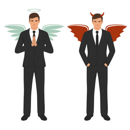 vector illustration of a cartoon devil and angel, good and bad choice, wings, horns and haloのイラスト素材