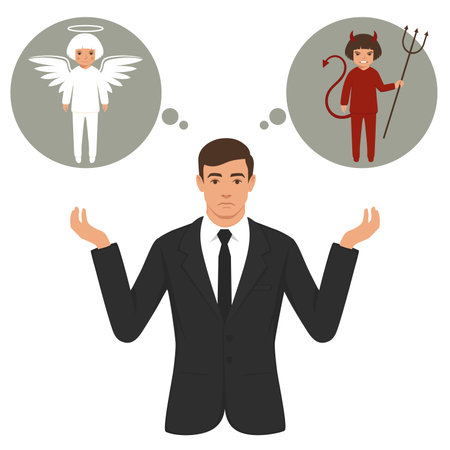 vector illustration of a cartoon devil and angel, good and bad choice, wings, horns and haloのイラスト素材