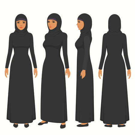 muslim woman illustration, vector girl character, saudi cartoon female, front, side and back viewのイラスト素材