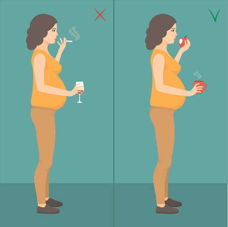 vector illustration of bad mother, pregnant woman smoking cigarette and drinking alcohol. healthy pregnancy lifestyleのイラスト素材