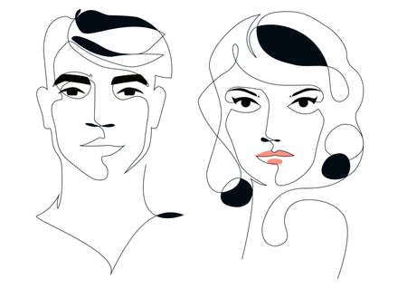 vector illustration set of abstract faces one line drawing. Couple portrait minimalistic styleのイラスト素材