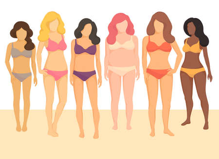 Positive body movement. Female body types and sizes in bathing suitsのイラスト素材