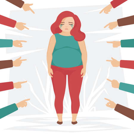 Concept of discrimination and bullying towards fat girl, with obese woman pointed out and rejected. Fat shaming or body shamingのイラスト素材