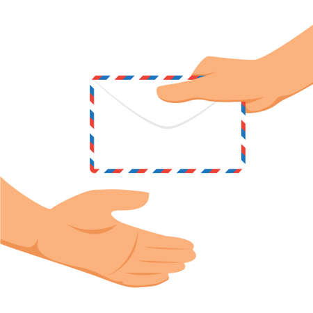 Hands human with envelope mail postal service. Postman gives a letterのイラスト素材
