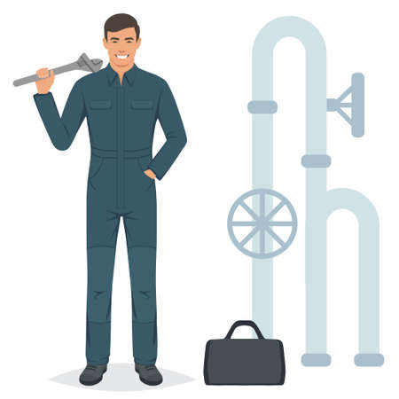 Cheerful plumber with a wrench repairing pipe. Vector illustrationのイラスト素材