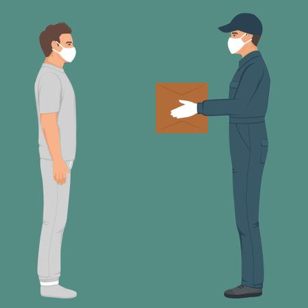 delivery man in mask and glowes with box in hands. Courier with order. Vector illustrationのイラスト素材