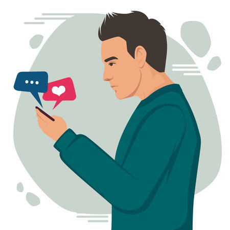 Young man looking for girlfriend through mobile phone dating app. Guy with smartphone chatting, flirting and liking online. Colored flat vector illustration isolated on white backgroundのイラスト素材