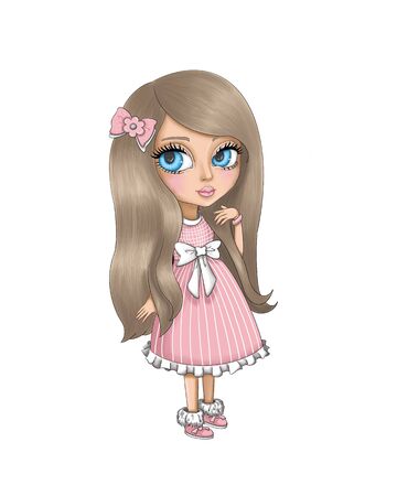 Hand drawn stylish girl character for any purpose like prints,posters and etc.Cute girl in a pink dress .の写真素材