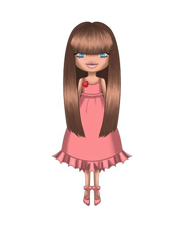 Hand drawn cute fashion girl with long hair and in a pink dress.の写真素材