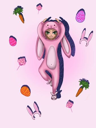 Cute girl character in a pink bunny costume.For prints,posters and etc.の写真素材