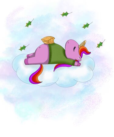 Happy unicorn character sleeping on a cloud.For prints,posters,postcards and etc.の写真素材