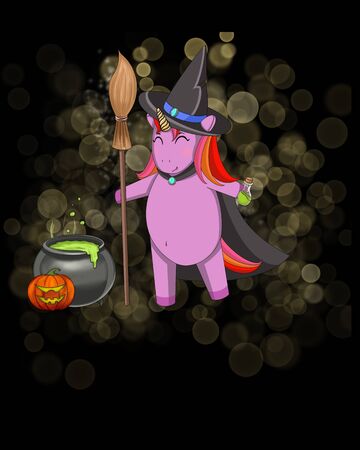 Unicorm in a Halloween costume with pumpkin, boiler and broom.の写真素材
