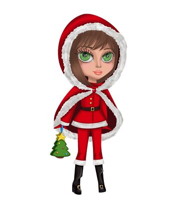Girl in christmas costume. Girl with a bag in the form of a Christmas tree.Girl with big green eyes.の写真素材