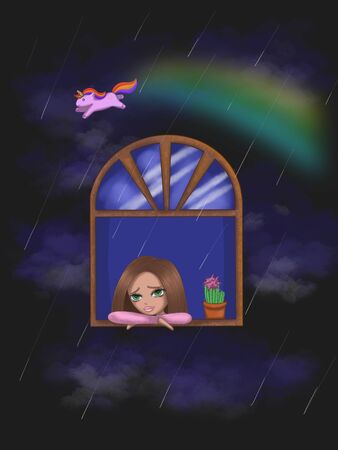 Girl character with unicorn and rainbow in rainy day.の写真素材