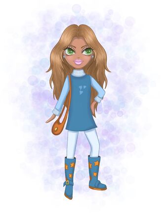 Fashion girl with big green eyes and long hair.Cute girl character.Girl in a blue dress.の写真素材