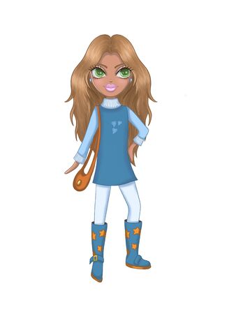 Girl in a blue dress.Fashion girl with big green eyes and long hair.Cute girl character.の写真素材