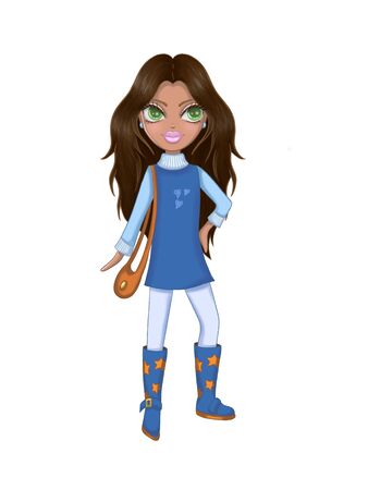 Cute girl character.Girl in a blue dress.Fashion girl with big green eyes and long hairの写真素材