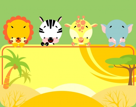 Group of little cute tropical animals holding a blank sign for your messageのイラスト素材