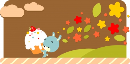 Retro-styled illustration  - cute little rabbit holds in its paws big cakeのイラスト素材
