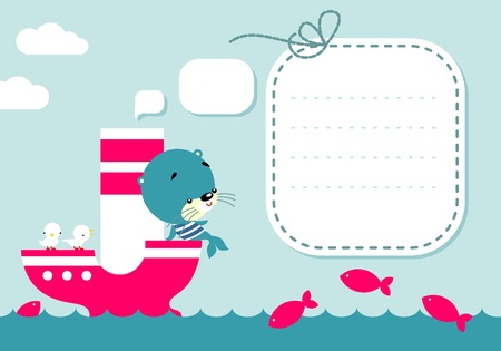 Illustration of cartoon-style - fur seal swims to the ship and blank sign for your messageのイラスト素材