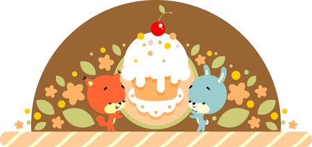 Retro-styled illustration  - cute little rabbit and squirrel holds in its paws big cakeのイラスト素材