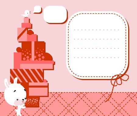 Illustration of cartoon-style little cute bunny holding box with gifts and blank sign for your messageのイラスト素材