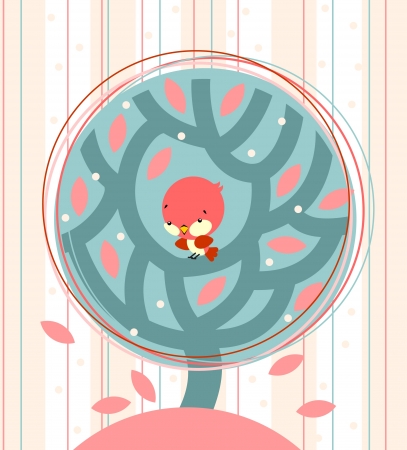 Illustration of retro design - Bird and tree with backgroundのイラスト素材