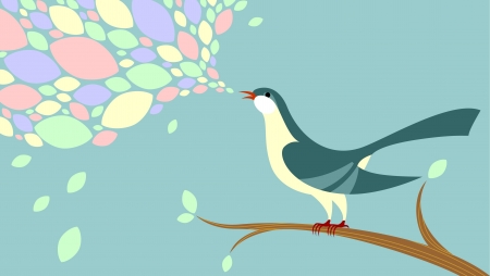 Bird sitting on the branch and singing. Song disintegrates as colored leavesのイラスト素材