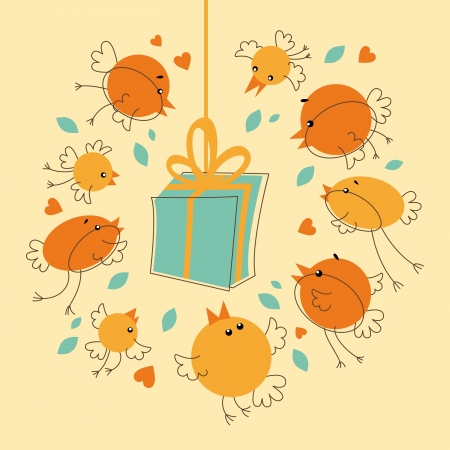 Flock of birds flying around the giftのイラスト素材